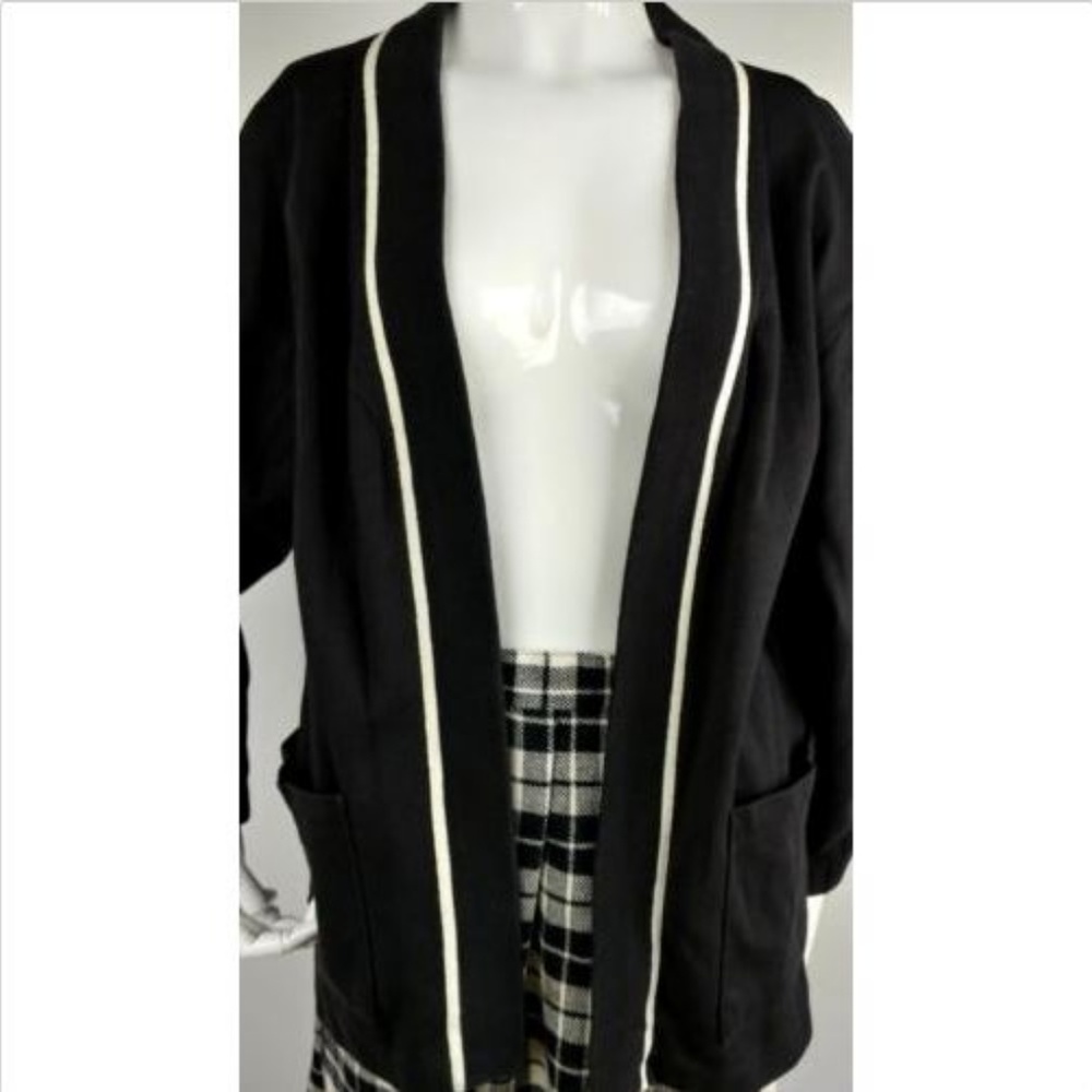 Vintage 80s Collegiate Knit Jacket Black White M - Picture 2 of 7